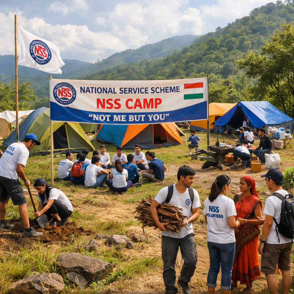 Volunteers at National Service Scheme camp performing community service and interacting outdoors