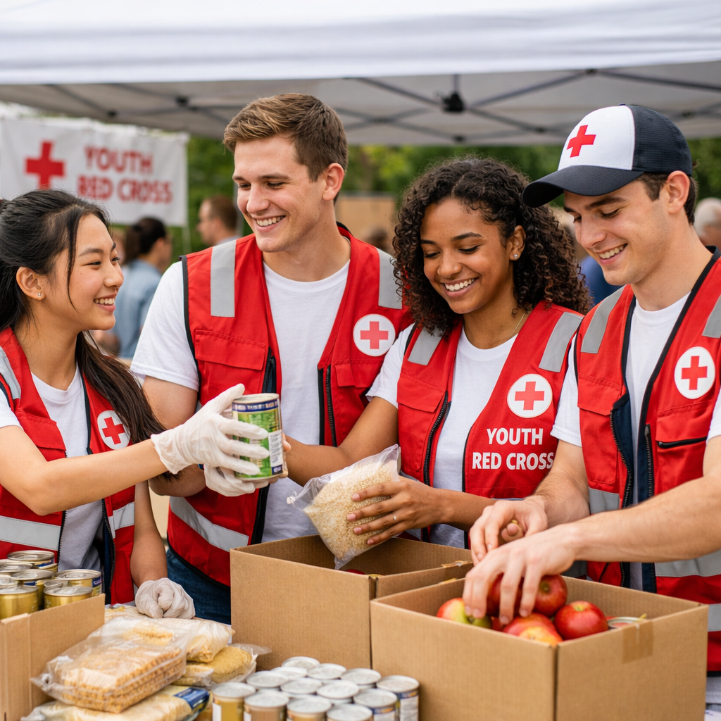 Youth Red Cross volunteers sorting and packing food donations into boxes